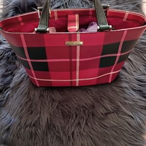 Kate Spade Pink and Black Checkered Tote With Black Leather Trim.